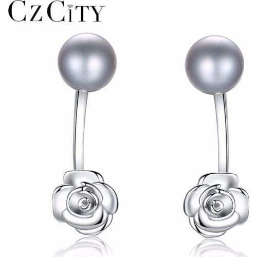 CZCITY Pearl Earrings 925 Sterling Silver with Tiny Cubic Zirconia Romantic Rose Shape Wedding Jewelry Earrings for Women Gift