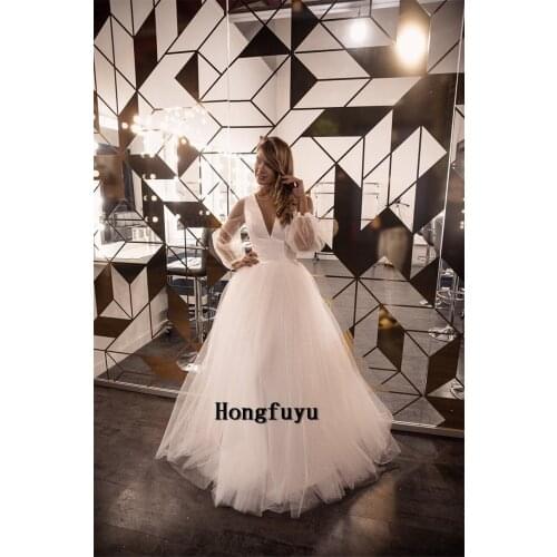 Elegant Princess Wedding Dress 2021 Tulle V-Neck Long Sleeve Robe Skirt A-Line Bridal Gowns Custom Made 2021 Свадебное платье