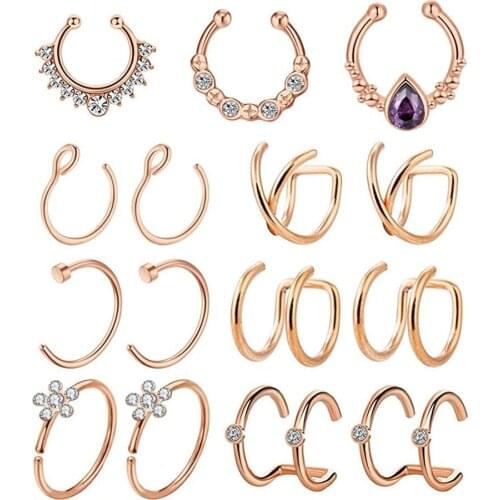 Fake Nose Rings Hoop Clip On Nose Septum Ring Faux Non-Pierced Nose Lip Rings Fake Ear Cuff Faux Helix Earrings Jewelry