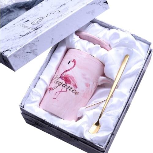 Creative Ceramic Ms/Mrs Flamingo Marble Coffee Mug Milk Tea Cup Golden Line Porcelain For Couple Wedding Anniversary Gift Box