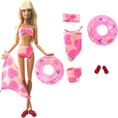NK 1 Set Doll Fashion Cute Bikini Swimwear Pink Swimsuit + 1x Swim Ring+1x Shoes Accessories for Barbie Doll Baby Girl Toy 8X