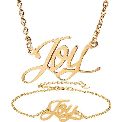 Fashion Stainless Steel Name Necklace + Bracelet Set " Joy " Script Letter Gold Choker Chain Necklace Pendant Nameplate Gift