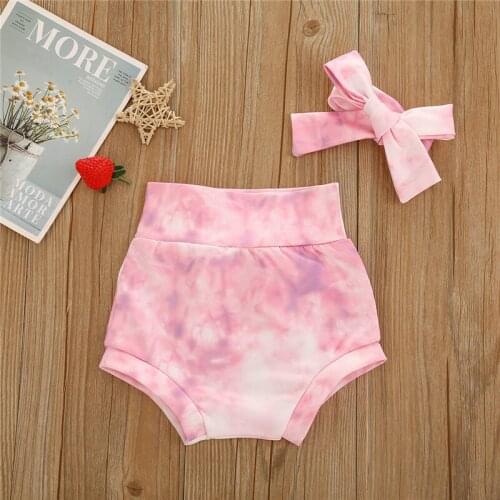 Lovely Babys Shorts Soft Comfortable Tie-dye+ Bowknot Headwear Children Clothing for Toddler Girls
