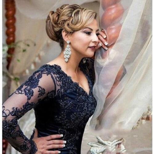 Wholesale navy blue Nude Lace Long Sleeve Mother of the Bride Dresses V Neck Back Out Wedding Party Gowns 2021 Latest On Sale