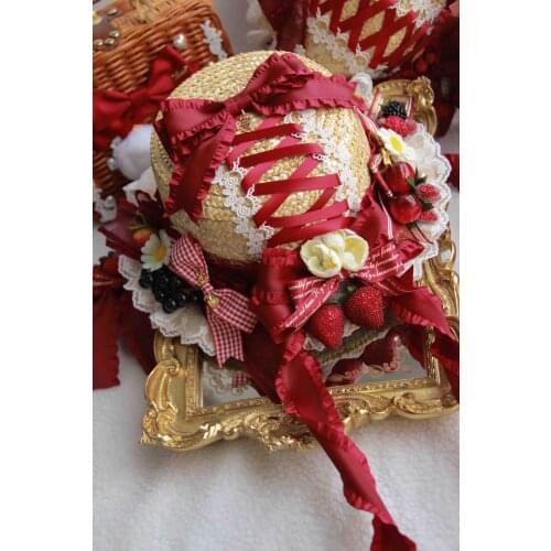 Pastoral style Super sweet berry Red wine strawberry long Ribbon Lace Fruits Straw Hat Mori Girl Vintage lolita Gorgeous Sun Hat