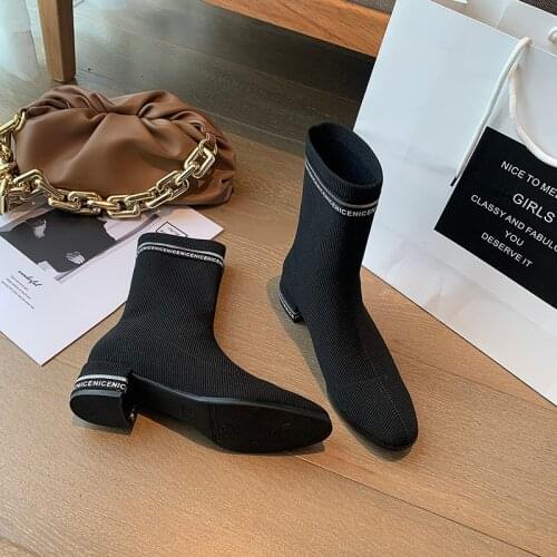 Stretch Fabric Socks Boots Women Shoes Mid-Calf Square Heels Riband Leters Breathtable Sock Shoe Motorcycle Boots
