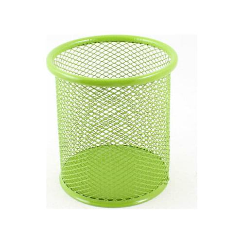 Light Green Metal Cylinder Mesh Design Pen Pencil Eraser Holder Container