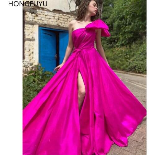 HONGFUYU One Shoulder Fuchsia Evening Prom Dresses Long Satin Party Dress For Women Formal A-line vestidos de fiesta Side Slit