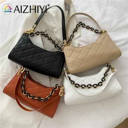 Vintage Women PU Leather Pure Color Chain Shoulder Underarm Hobos Bag Casual Ladies Lattice Pattern Handbag