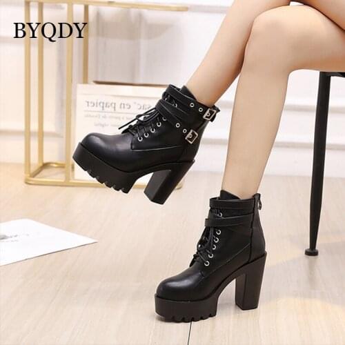 BYQDY New 2021 High Heels Rivet Platform Ankle Boots Black Leather Gothic Punk Buckle Strap Boots Chunky Heels Ladies Footwear