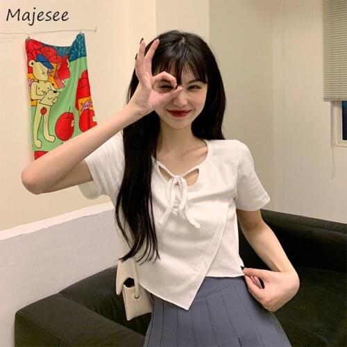 Short Sleeve T-shirts Women Skinny Summer All-match Asymmetrical Cropped Tees Tops Lace Up Korean Style Design New Female Ins