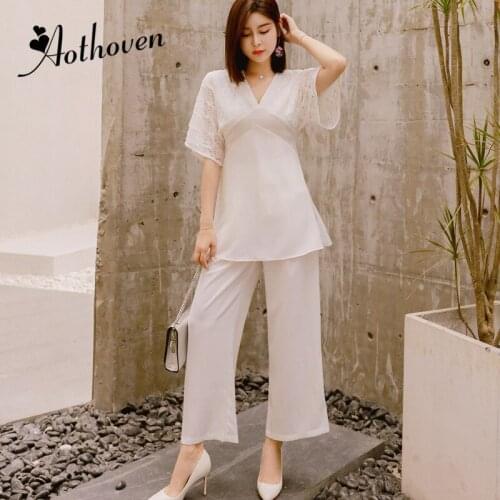 2 Piece Set 2018 Summer Women OL Business Suit Party Office White Short Sleeve Lace Tops and Long Straight Pants Set Two Piece