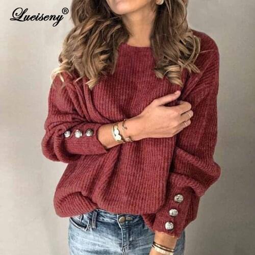 LUEISENY Women Autumn Winter Knitted Sweaters O-neck Long Sleeve Button Sweater Tops Ladies Casual Jumper Plus Size S-5XL