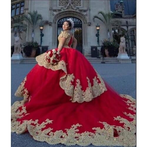Red Gold Applique Vestidos De 15 Anos Quinceanera Dresses 2021 Cold Shoulder Crystal Beaded Lace Layers Princess Ball Gowns Prom