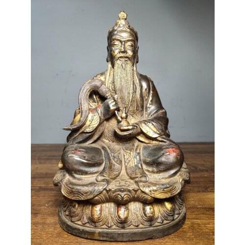 10" Tibet Buddhism Temple Old Bronze Lacquer Cinnabars Taishang Laojun sitting like a Buddha Taoist Patriarch Enshrine