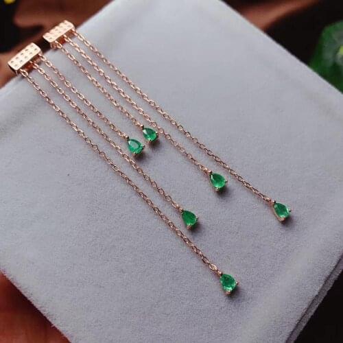 100% fashion long Tassels natural green emerald water drop earrings Natural gemstone earrings 925 silver female party jewelry