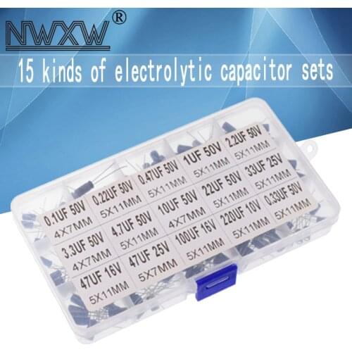 15 kinds of 150 common aluminum electrolytic capacitors 0.1UF-470UF electrolytic capacitor element box set