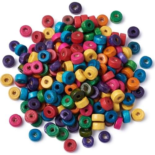 200PCS Mixed Lead Free Flat Round Wood Beads, Dyed, 8x3mm, hole: about 2mm