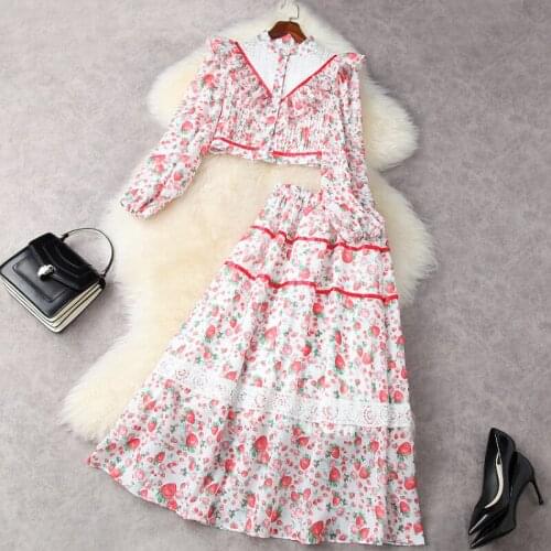 2021 Long-sleeved Shirt with Hollow Flounces Printed Skirt Fashion Suits European and American Womens Wear for Spring