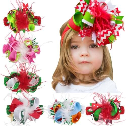 6PCS Girls Boutique Feather Hair Clips Hairbands Dual Purpose Christmas Day Costume Matching Bow Head Bands Bandage Accessories