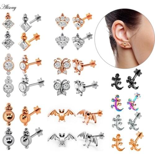 Alisouy 1pc Square Crystal Ear Tragus Piercing Lip Labret Plug Surgical Steel Daith Earrings Helix Piercing Orelha Cartilagem