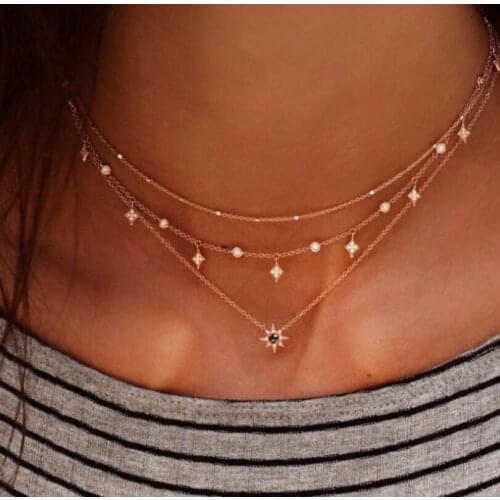 Fashion Planet Star Necklaces Multilayer Statement Choker Gold Chain Necklace Zircon Crystal Pendant Jewery Gifts Ornaments