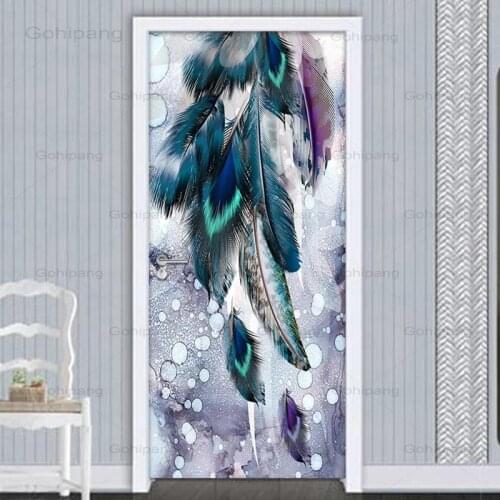 Color Feather Door Sticker DIY Creative Self-adhesive 3D Modern Fashion Living Room Bedroom Door Mural PVC Waterproof Wall Paper