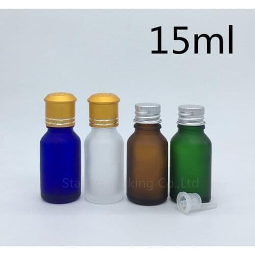 Travel bottle 15ml Green blue amber transparent frosted Glass Bottle, Vials Essential Oil Bottle with Aluminum cap 500pcs/lot