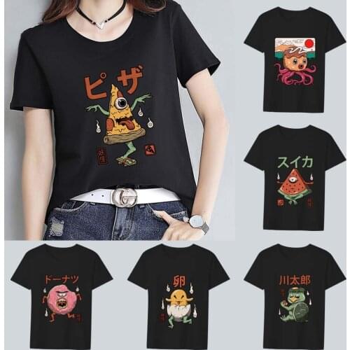 Womens Summer T-shirt Tops Japanese Basic Round Neck Slim Fashion Cute Cartoon Monster Printing Series Ladies Commuter Shirt