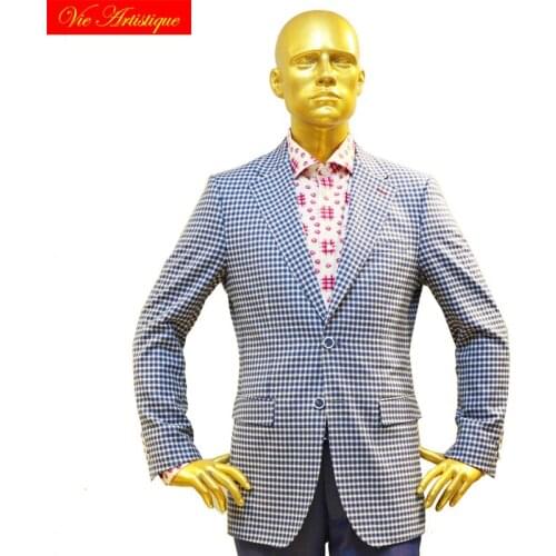 Custom tailor made Mens bespoke suits business formal wedding ware bespoke 2 piece (Jacket+Pants) blue plaid wool slim fit