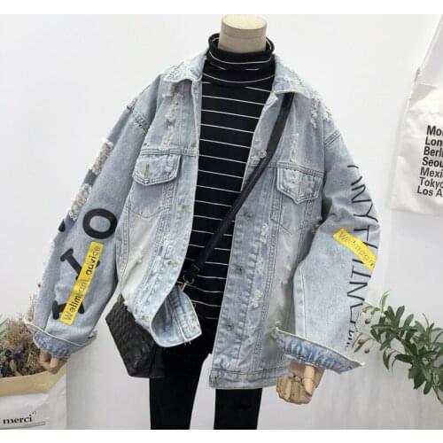 2021Spring Autumn Womens Denim Loose Jackets Holes Jeans Jackets Female Fashion Letter Graffiti Print Hip Hop Style