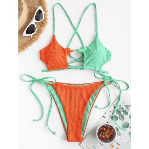 Fashion Swimwear Women Summer Sexy 2 Piece Set Swimsuit Pure Color Stitching Swimming Beach Biquinis Bathing Suit Bikini 2021