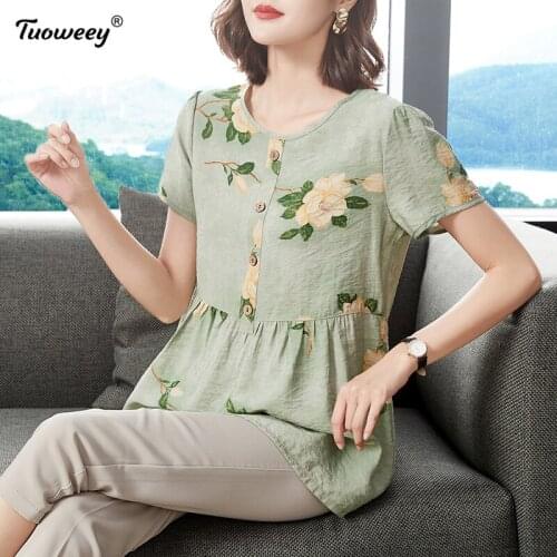 New Summer Middle Aaged Women Korean style Chiffon O-Neck tshirt Tops Female Flower Print Fashion Loose Plus Size 4xl Shirt