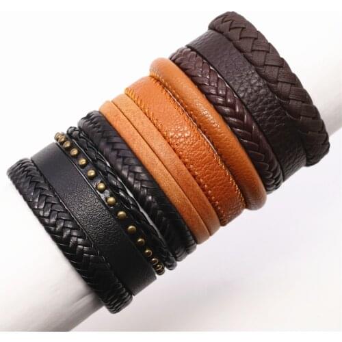 New 10 Pcs/Set Camel Black Brown Leather Wrap Men Bracelets Women Bangles Wood Beads Homme Male Gift Jewellery Freely Shipping