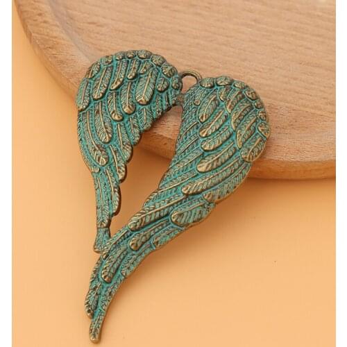 10pcs/Lot Large Heart Angel Wings Feather Green Verdigris Patina Charms Pendants for Necklace Jewelry Making Accessories