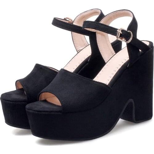 Summer Buckle Womens Sandals Velvet Flock Fish Mouth Fashion High Heel Platform Open Toes Gladiator Women Sandals Wedges Shoes