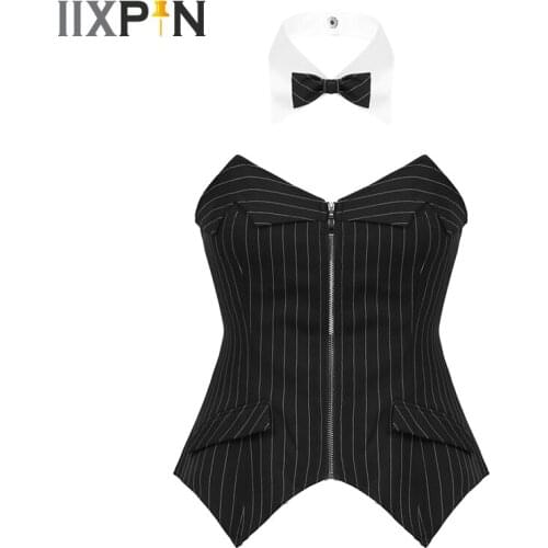 Sexy Womens Corset Strappless Zipper Front Lace-up Back Striped Corset Basque Waist Cincher Bustier Lingerie Tops With Collar