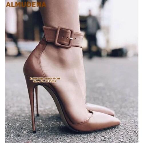ALMUDENA Coffee Red Black Matte Pointy Toe Pumps Big Buckle Stiletto Thin High Heel Wedding Shoes Celebrity Pumps Plus Size 47