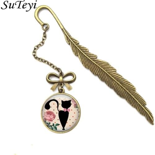 SUTEYI Vintage Bronze Feather Bookmark Multiple Color Cat Kitten Animal Round Pendant Bookmark Chain For Teacher Birthday Gift