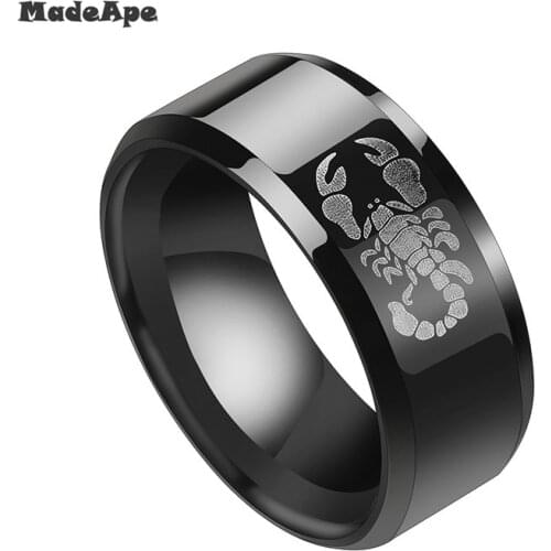 MadApe Punk Vintage Black Scorpion Pattern Women Ring Black Color Round Stainless Steel Titanium Rings For Women Men Jewelry