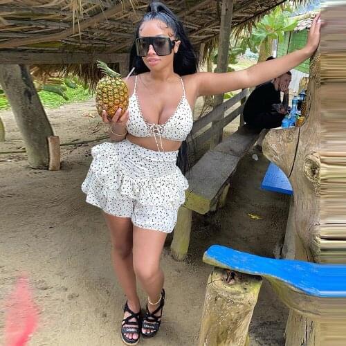 Sexy Dot Printed Cascading Ruffles Bikini Two Piece Set Womens Lace Up Strapless Crop Top and High Waist Pleated Short Swimsuit