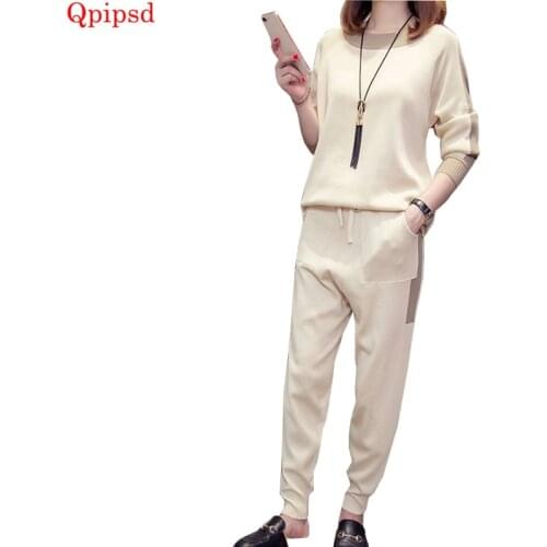 Large Size Loose Womens Knitted 2 Piece Sporting Suit 2021 Spring Autumn Casual Sets Female Long Sleeve Pullover+Long Pant Sets