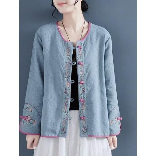 Spring Autumn Women Blosue Vintage Embroidery Chinese Style Long Sleeve O-neck Loose Casual Women Tops