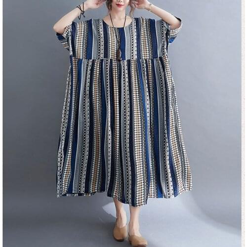 Plus Size Women Dress 4XL 5XL 6XL Kawaii Cotton Striped Maxi Dresses Robe Female A-Line Linen Long Summer Dress Sundress 2021