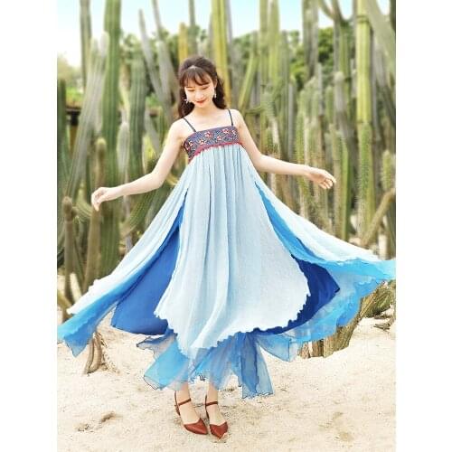 Free Shipping Boshow 2021 New Vintage Chinese Style Women Long Maxi Sleeveless Summer Chiffon Big Hem Embroidery Strap Dresses