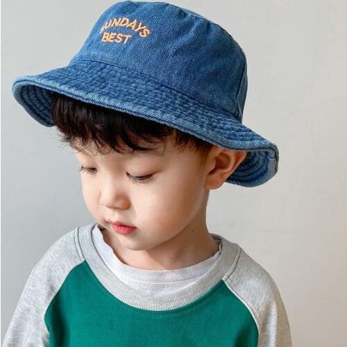 Panama 2021 Kids Caps Spring Fashion New Cowboy Embroidered Flat Top Basin Hat For Boys Girls Sunshade Child Bucket Hats 2-5 Y