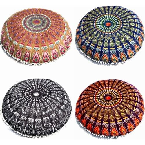 Indian Mandala Print Cushion Cover Round Bohemian Pillow Cases Vintage Pillow Covers Polyester Decorative Pillowcase 43x43cm