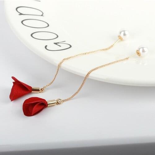 ISINYEE Fashion Rose Red Flower Tassel Dangle Earrings For Women Bijoux Bohemian Long Pearl Earring Bohe Jewelry