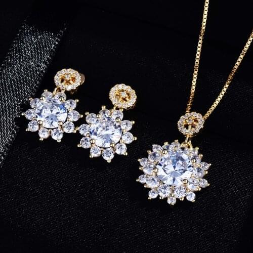QTT Luxury Gold Jewelry Set White Cubic Zirconia Dazzling Flower Wedding Bridal Jewelry For Women Dangle Earrings Necklace Set