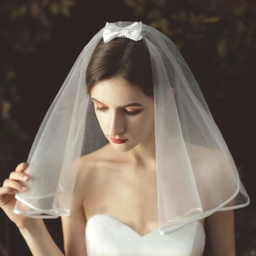 Korean style Bow Wedding Veil Short Tulle Ribbon Edge Bridal Veils Two Layer Ivory White Shoulder Length Bride Veils